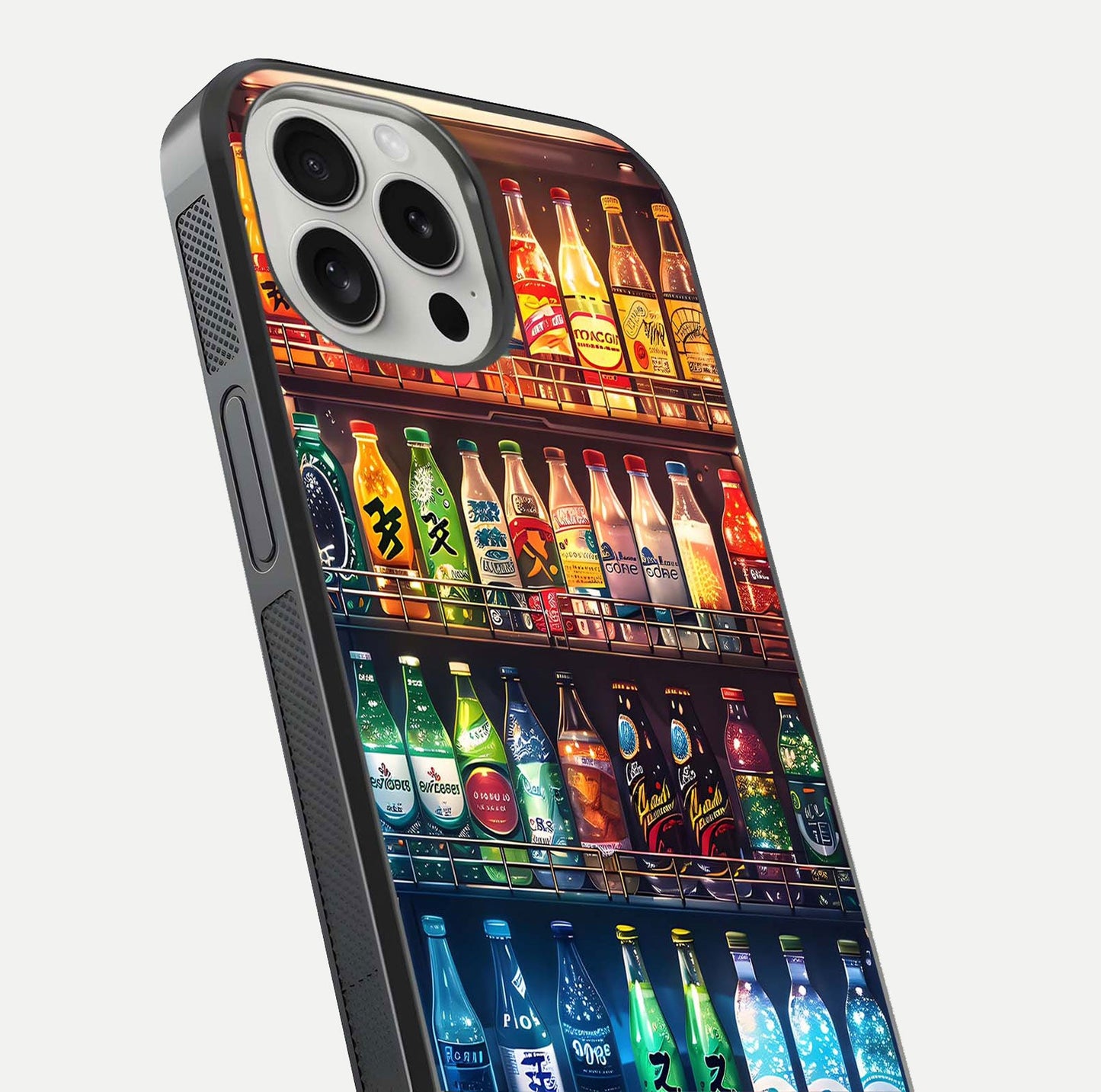 Colorful Soda Bottles Glass Case for iPhone 16 Pro close-up showing colorful bottles and HD reflection