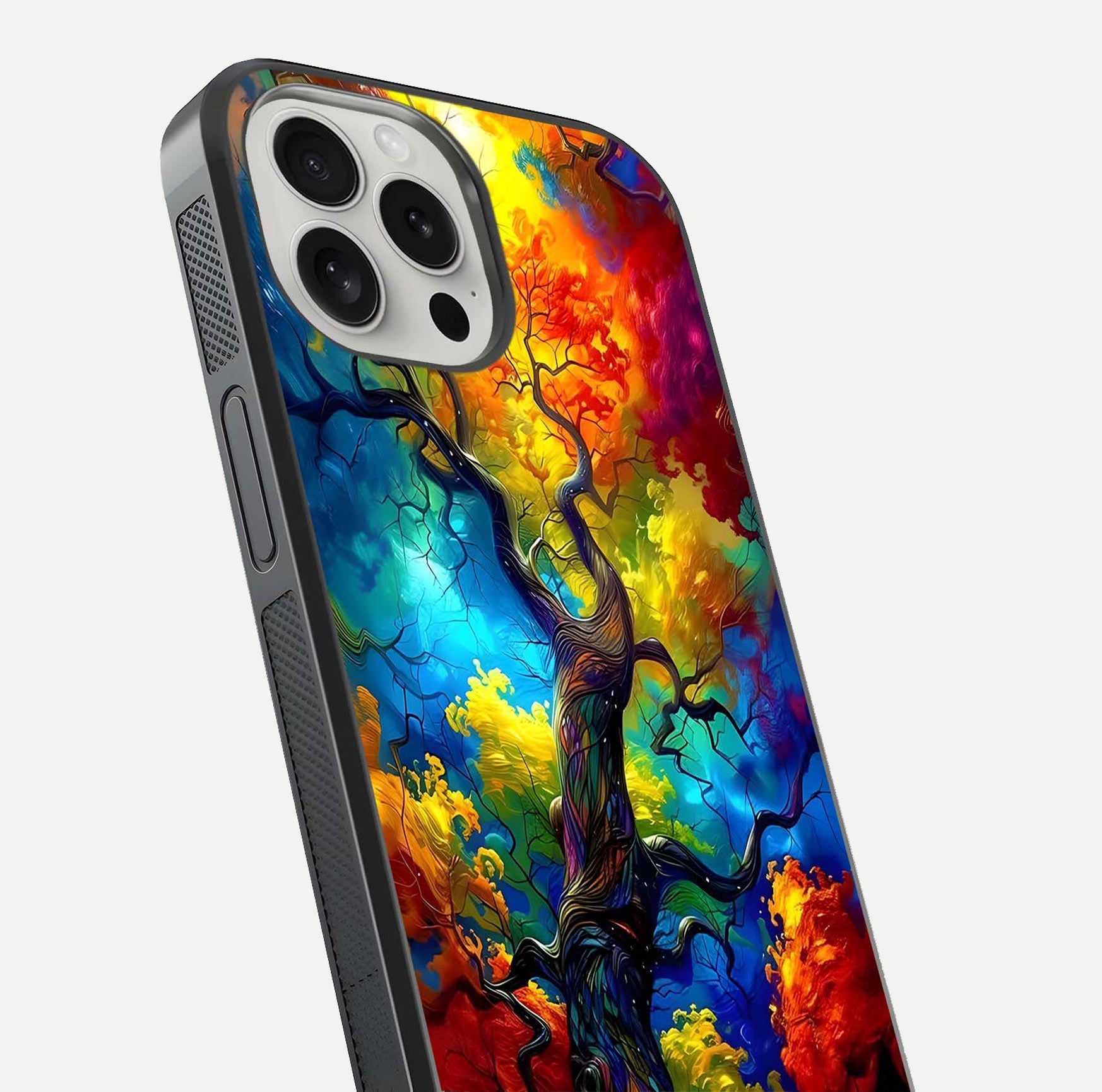 Colorful Tree Glass Case for iPhone 16 Pro close-up highlighting leaf detail, gradient colors, and shine