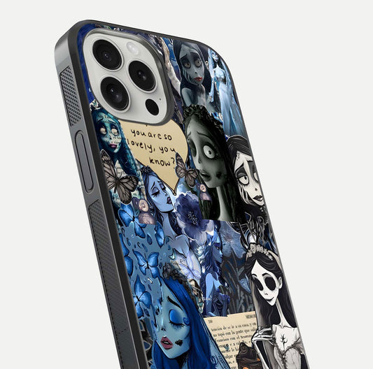 Corpse Bride Posters Glass Case for iPhone 16 Pro close-up highlighting detailed artwork and reflection polish
