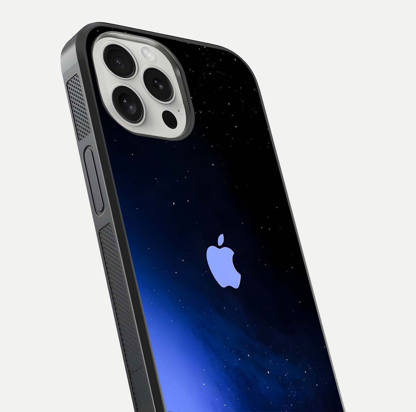 Cosmic Blue Apple Glass Case for iPhone 16 Pro close-up highlighting galaxy pattern, shine, and reflection detail