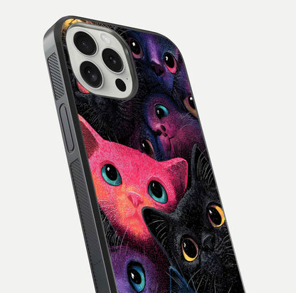 Cosmic Cats Dreams Glass Case for iPhone 16 Pro close-up highlighting cats and cosmic glow reflection