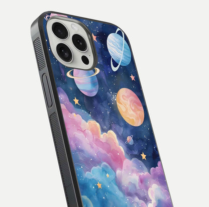 Cosmic Planet Dreams Glass Case for iPhone 16 Pro close-up highlighting planetary details and reflection glow