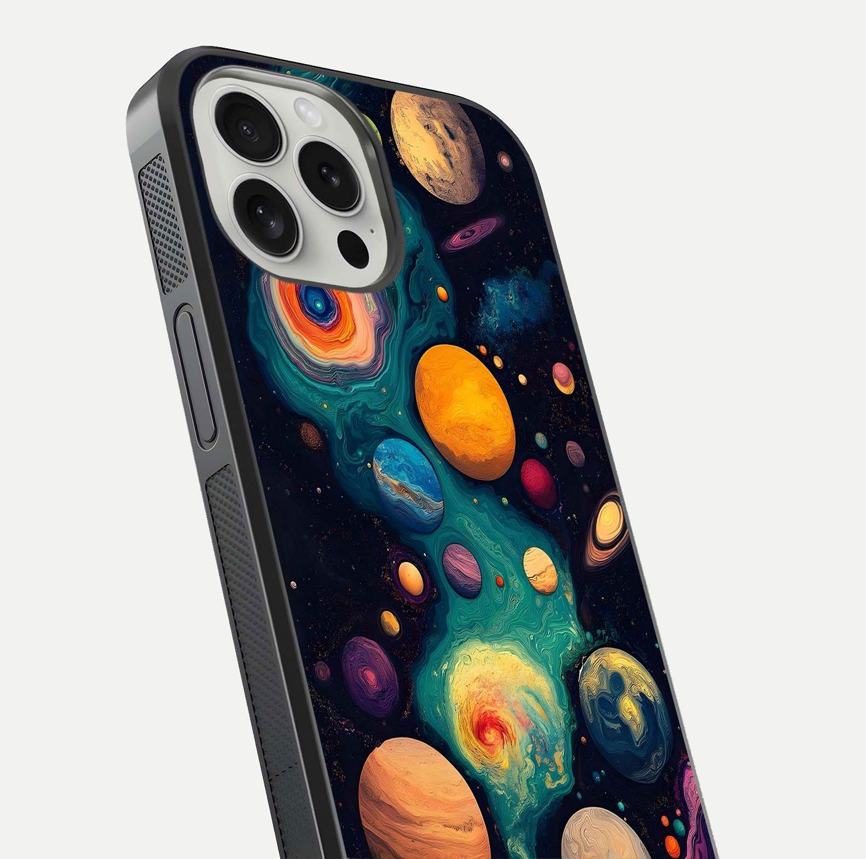 Cosmic Planet Journey Glass Case for iPhone 16 Pro close-up highlighting planets, stars, and shine reflection
