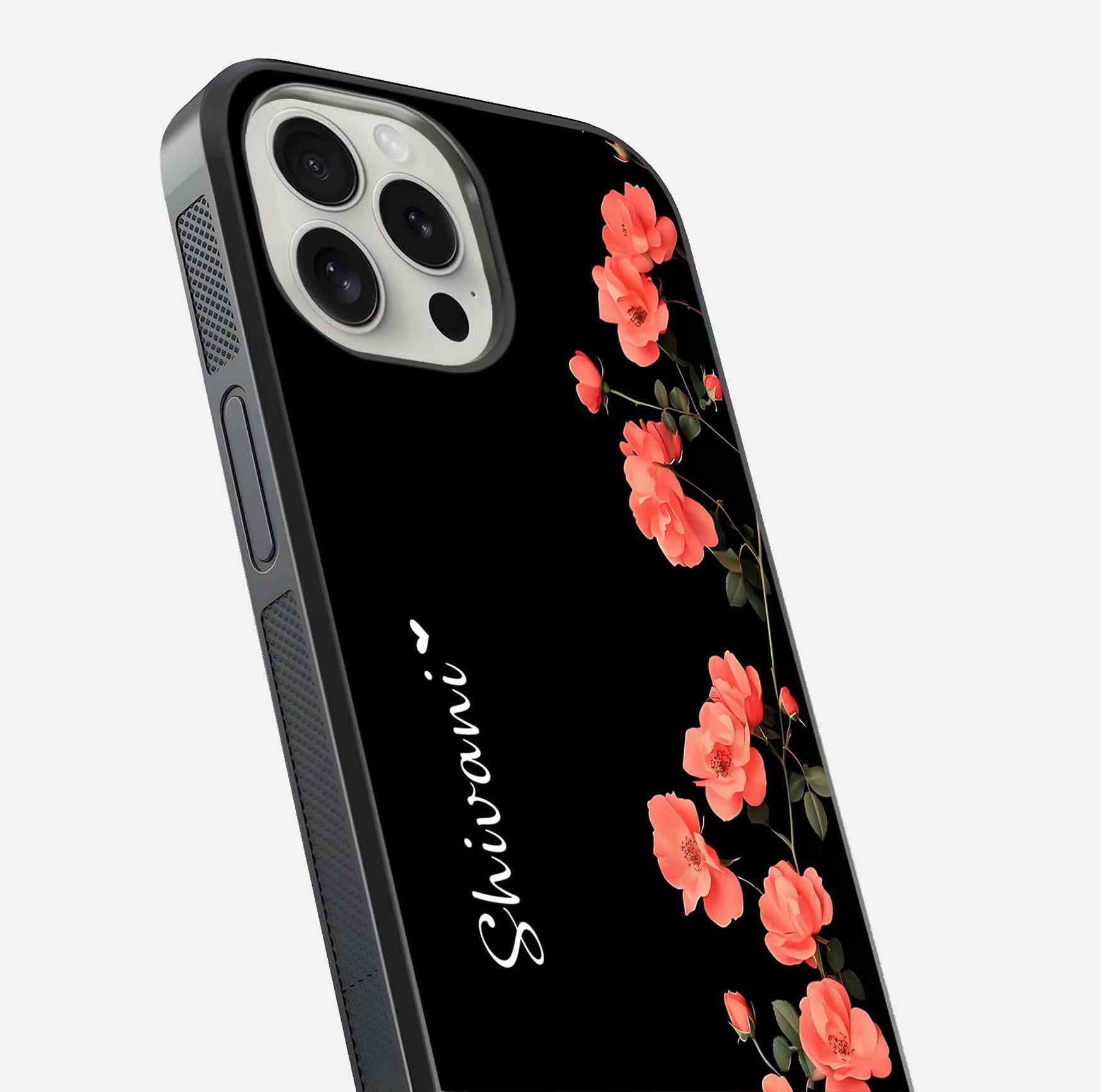 Crimson Bloom Grace Custom Name Glass Case for iPhone 16 Pro close-up highlighting flower pattern and reflection texture