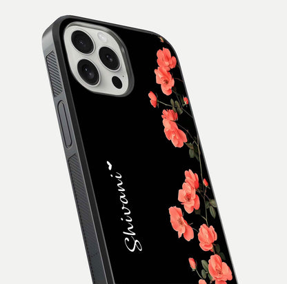 Crimson Bloom Grace Custom Name Glass Case for iPhone 16 Pro close-up highlighting flower pattern and reflection texture