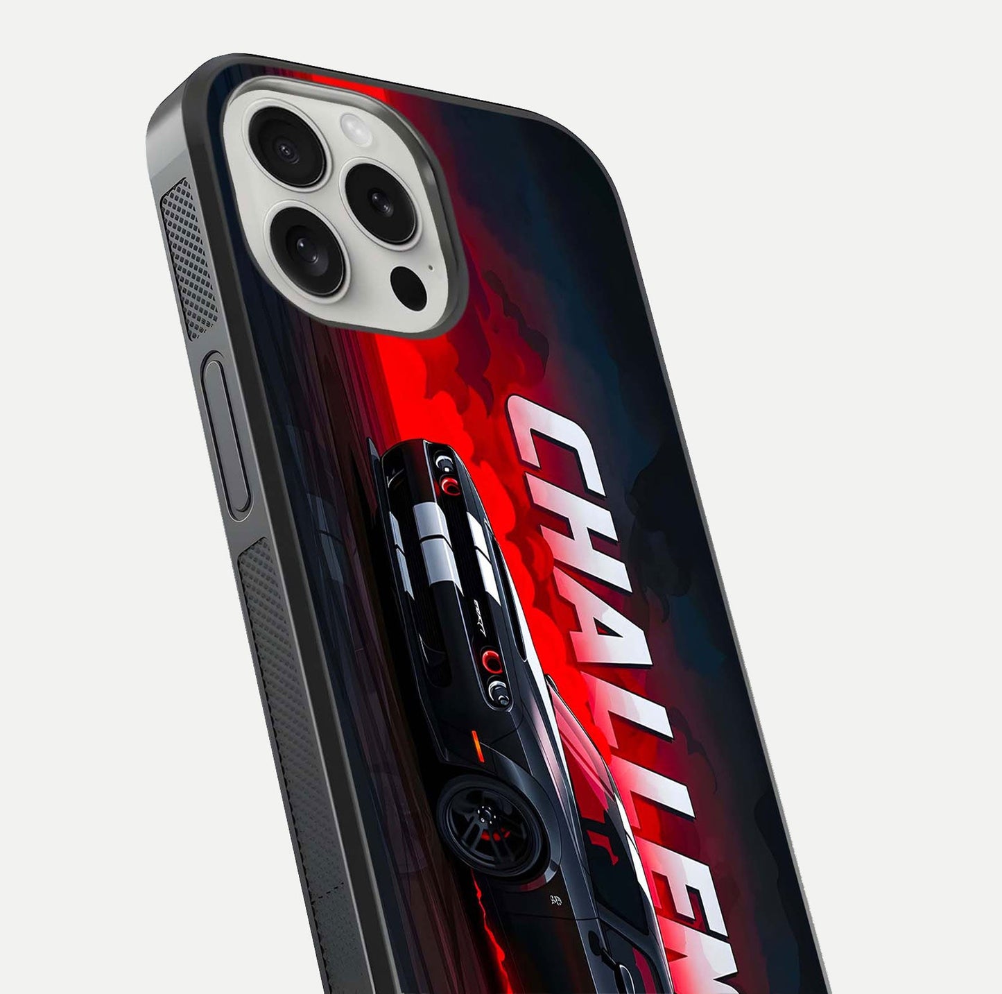 Crimson Challenger Fury Glass Case for iPhone 16 Pro close-up highlighting car details and reflection depth