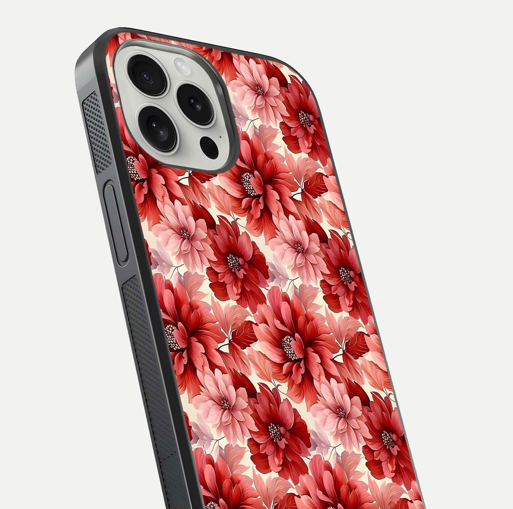 Crimson Love Petals Glass Case for iPhone 16 Pro close-up highlighting petal texture and light reflection