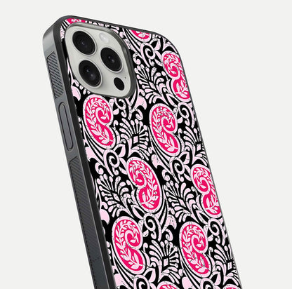 Crimson Paisley Charm Glass Case for iPhone 16 Pro close-up highlighting fine pattern detail and reflection tone