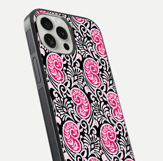 Crimson Paisley Charm Glass Case for iPhone 16 Pro close-up highlighting fine pattern detail and reflection tone