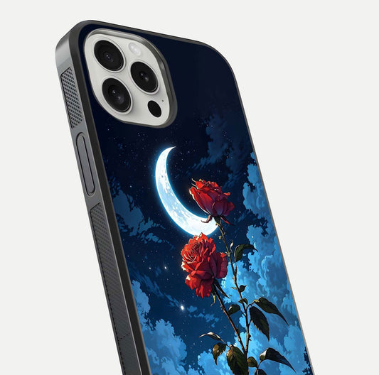 Crimson Rose Moon Glass Case for iPhone 16 Pro close-up showing rose detail and reflection highlight