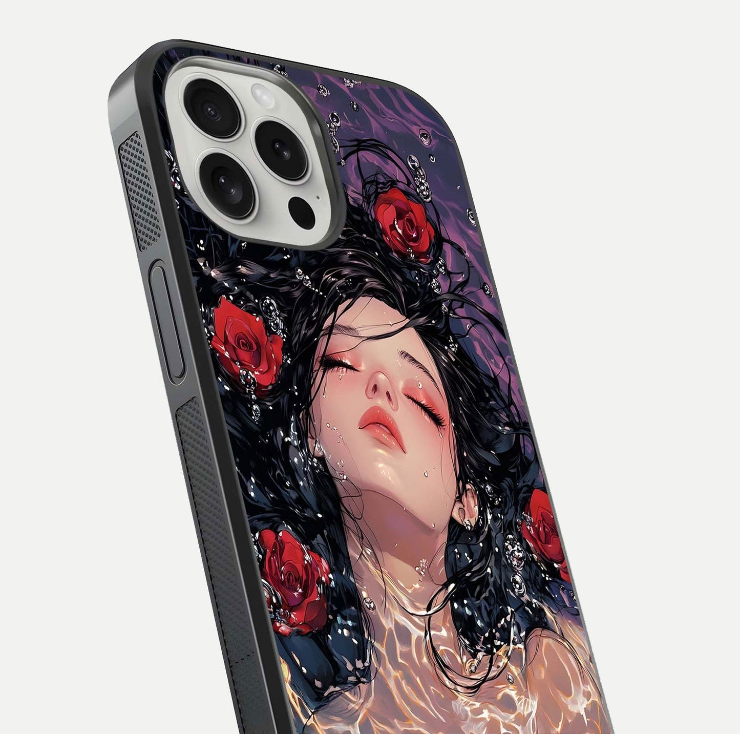 Crimson Rose Serenity Glass Case for iPhone 16 Pro close-up highlighting rose gradient and reflection detail