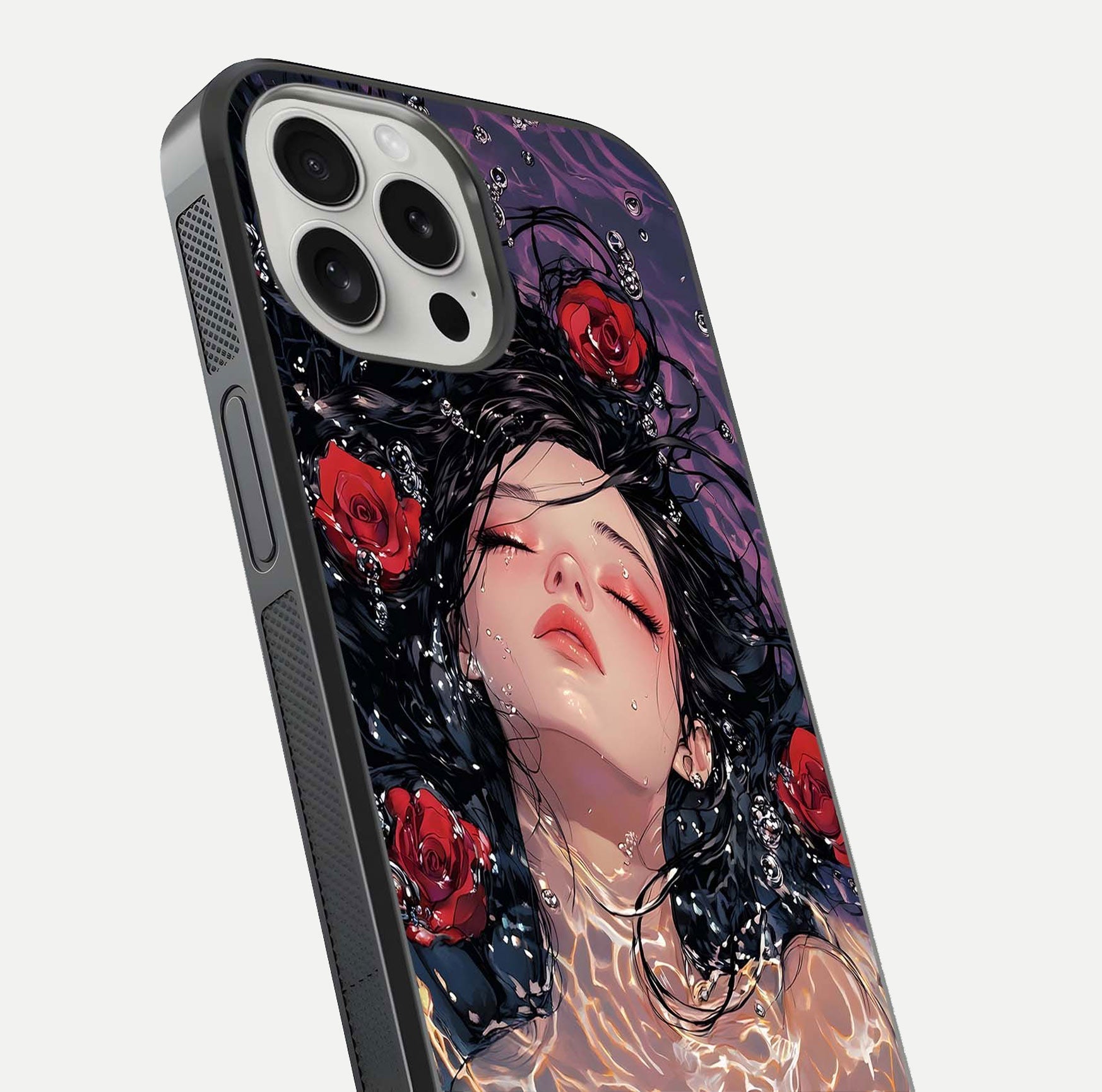 Crimson Rose Serenity Glass Case for iPhone 16 Pro close-up highlighting rose gradient and reflection detail