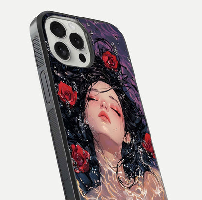 Crimson Rose Serenity Glass Case for iPhone 16 Pro close-up highlighting rose gradient and reflection detail