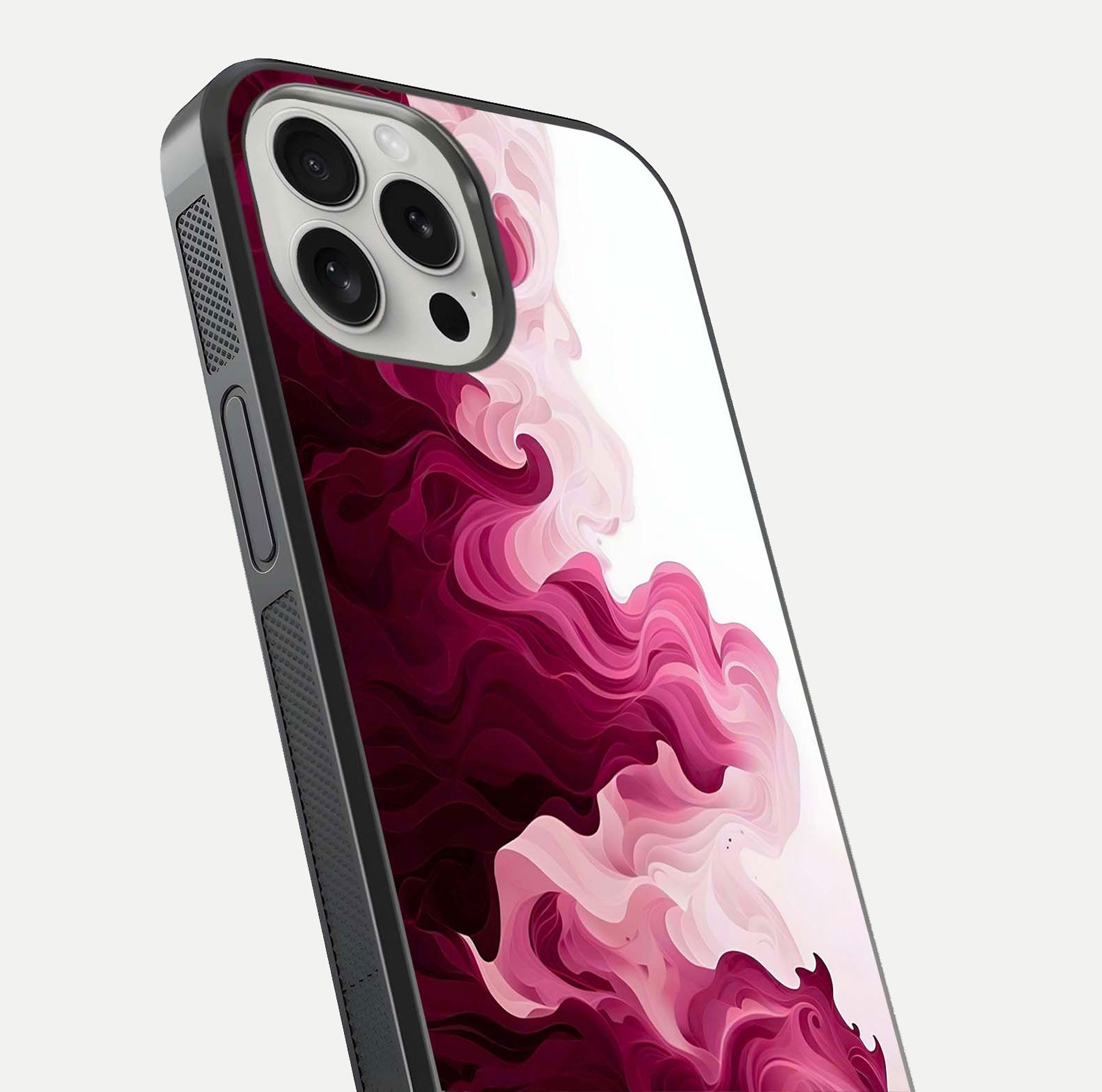 Crimson Wave Flow Glass Case for iPhone 16 Pro close-up highlighting flow texture and reflection tone