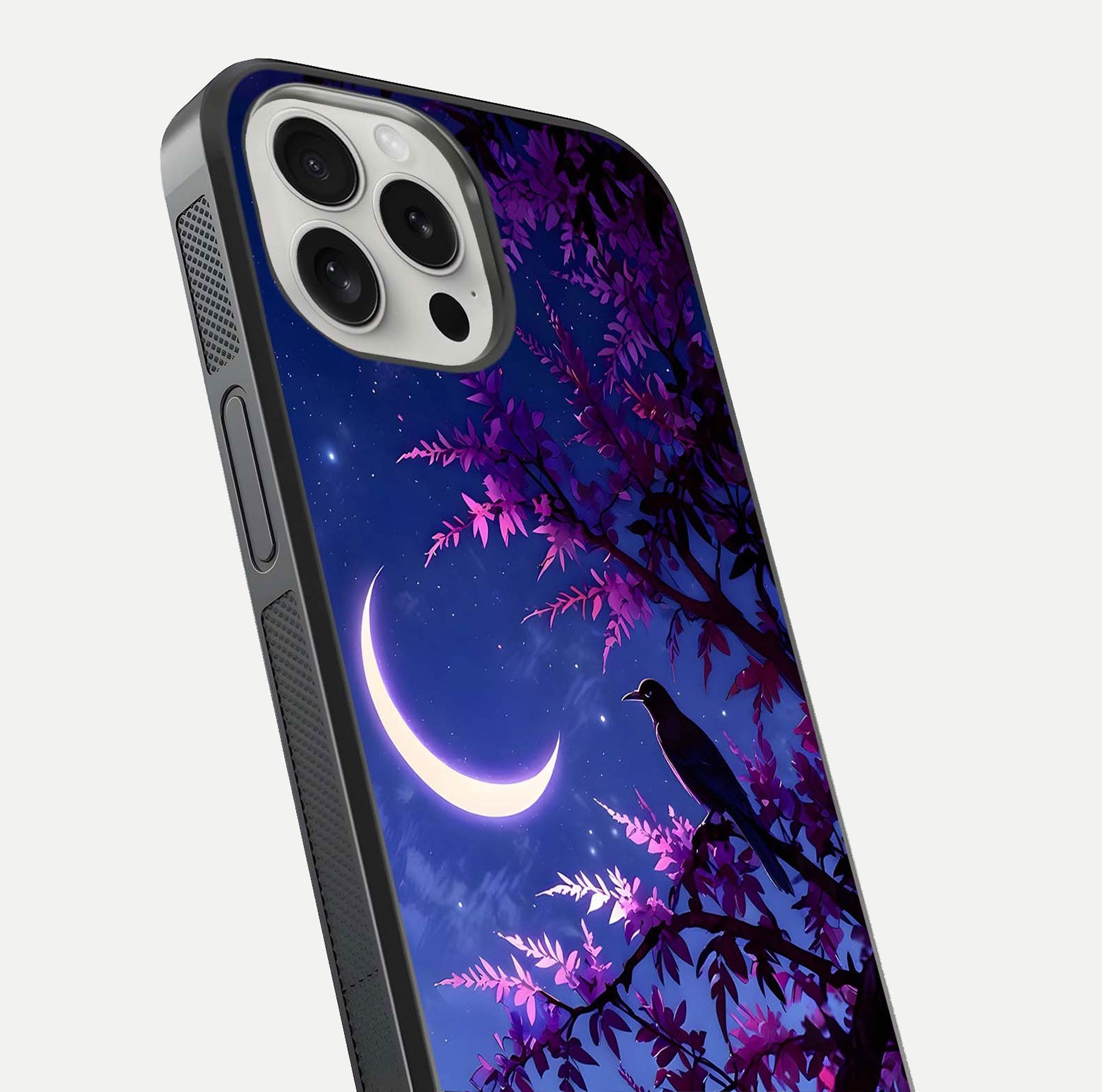 Crow & Moon Scenery Glass Case for iPhone 16 Pro close-up highlighting moon detail, dark tones, and glass reflection