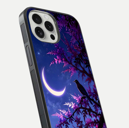 Crow & Moon Scenery Glass Case for iPhone 16 Pro close-up highlighting moon detail, dark tones, and glass reflection