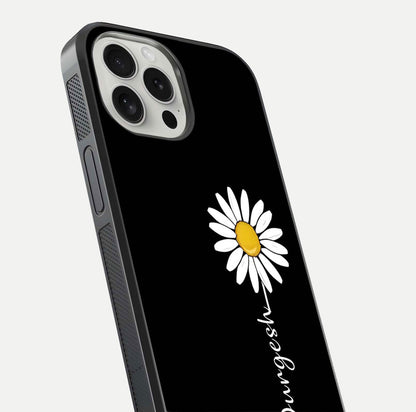 Custom Name White Flower Glass Case for iPhone 16 Pro close-up highlighting petals, name print, and reflection polish