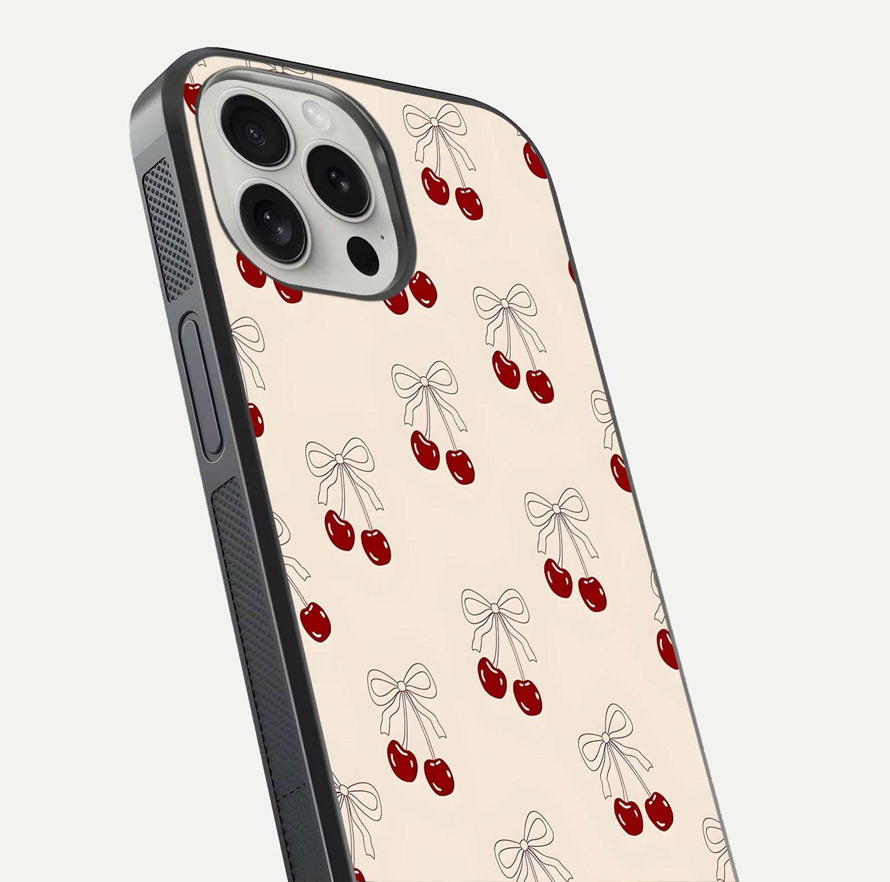 Cute Cherry Pattern Glass Case for iPhone 16 Pro close-up showing cherry cluster details and light reflection