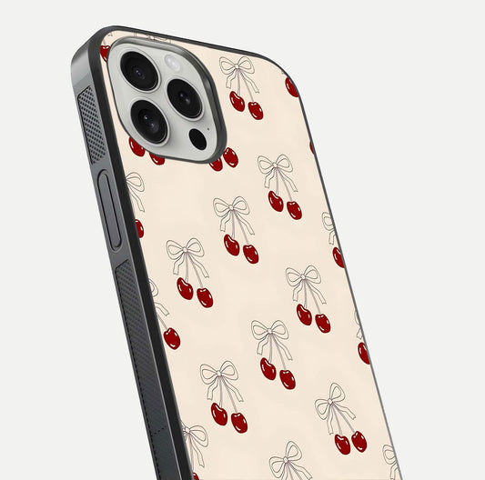 Cute Cherry Pattern Glass Case for iPhone 16 Pro close-up showing cherry cluster details and light reflection