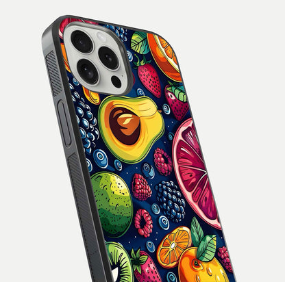 Cute Fruits Art Glass Case for iPhone 16 Pro close-up highlighting fruit shapes, color tones, and reflection polish