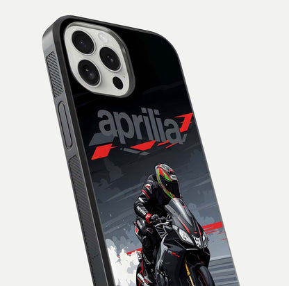 Dark Aprilla Glass Case for iPhone 16 Pro close-up highlighting detailing and reflection effect