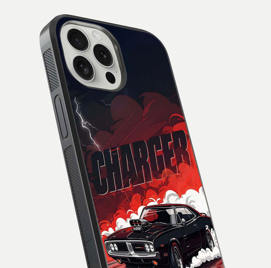 Dark Charger Fury Glass Case for iPhone 16 Pro close-up highlighting car reflection and light gloss