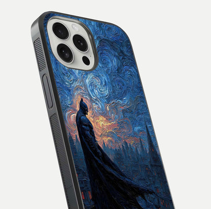 Dark Knight Dusk Glass Case for iPhone 16 Pro close-up highlighting dark suit texture and reflection detail