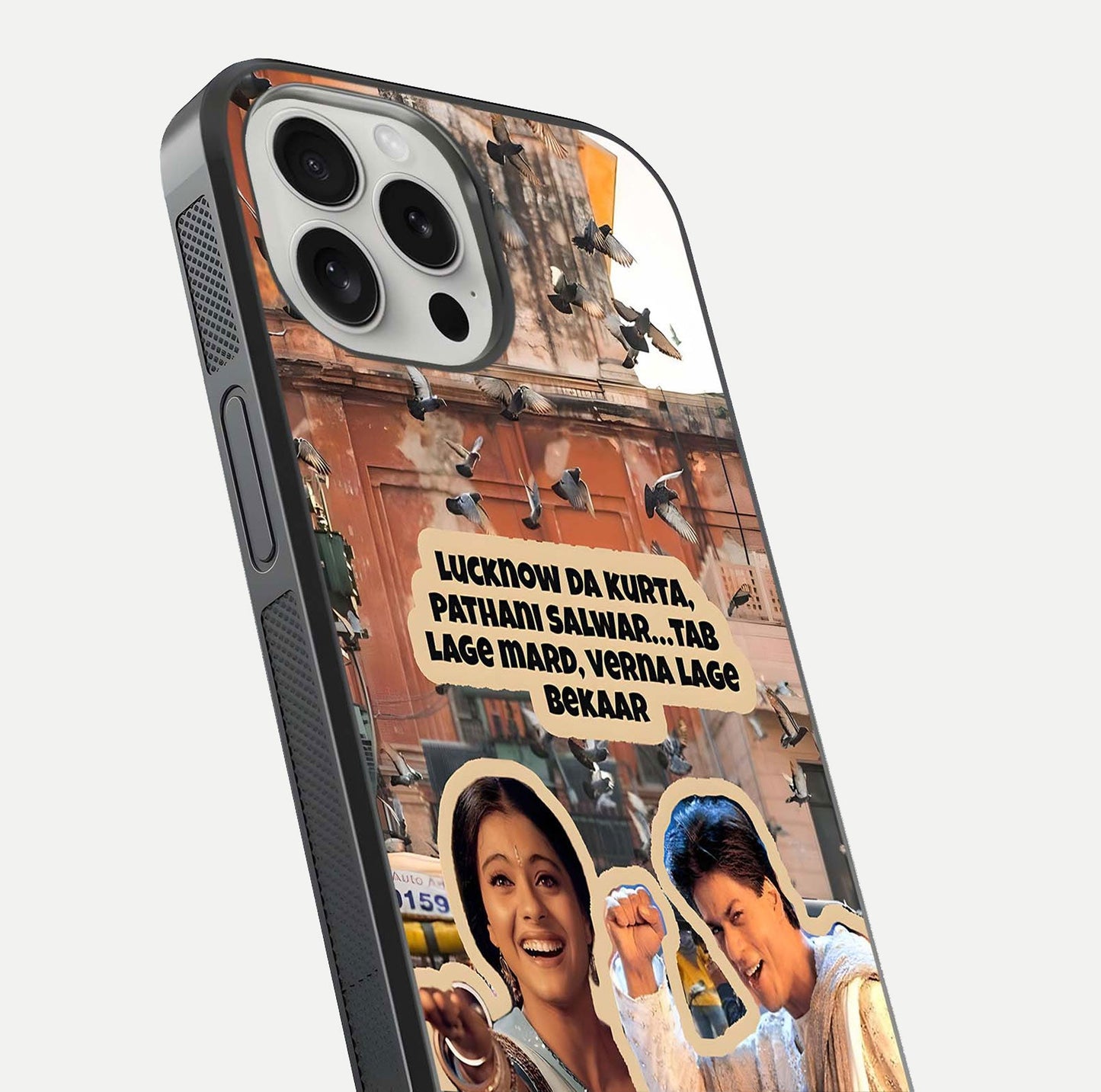 Desi Retro Vibes Glass Case for iPhone 16 Pro close-up highlighting retro color palette and reflection glow