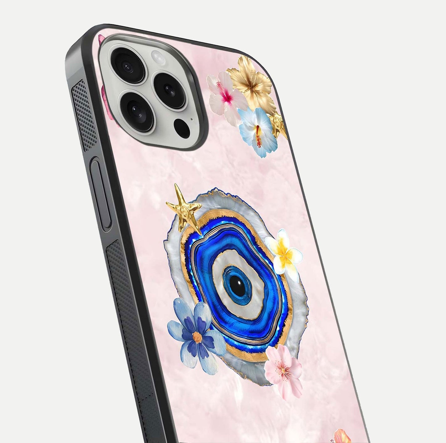 Divine Aura Bloom Glass Case for iPhone 16 Pro close-up highlighting flower glow and reflection tone