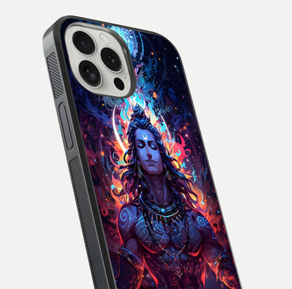 Divine Fire Shiv Glass Case for iPhone 16 Pro close-up highlighting divine detailing and reflection depth