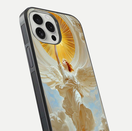 Divine Light Angel Glass Case for iPhone 16 Pro close-up highlighting light rays and glass reflection