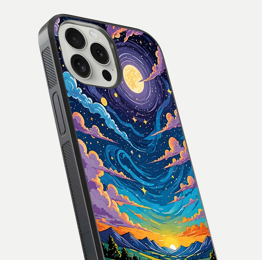 Dreamy Night Landscape Glass Case for iPhone 16 Pro close-up highlighting stars and reflection tone