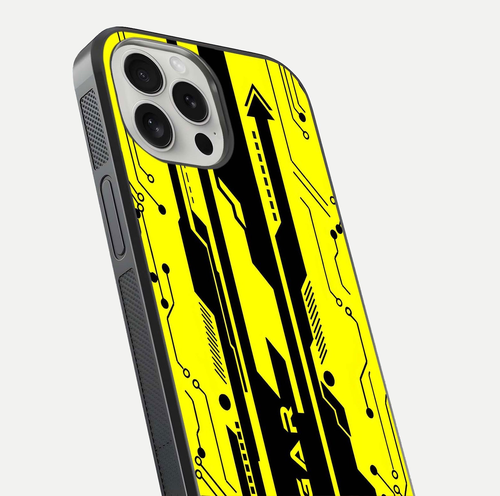Electric Pulse CYBERPUNK Custom Name Glass Case for iPhone 16 Pro close-up highlighting tech pattern, lighting effect, and reflection shine