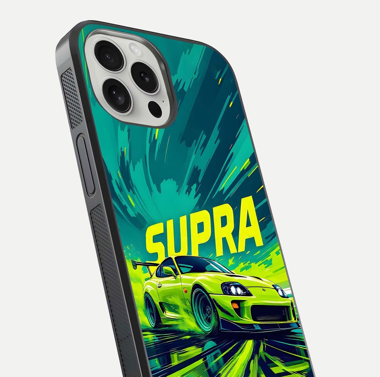 Electric Supra Thunder Glass Case for iPhone 16 Pro close-up highlighting car reflection, neon tones, and gloss polish