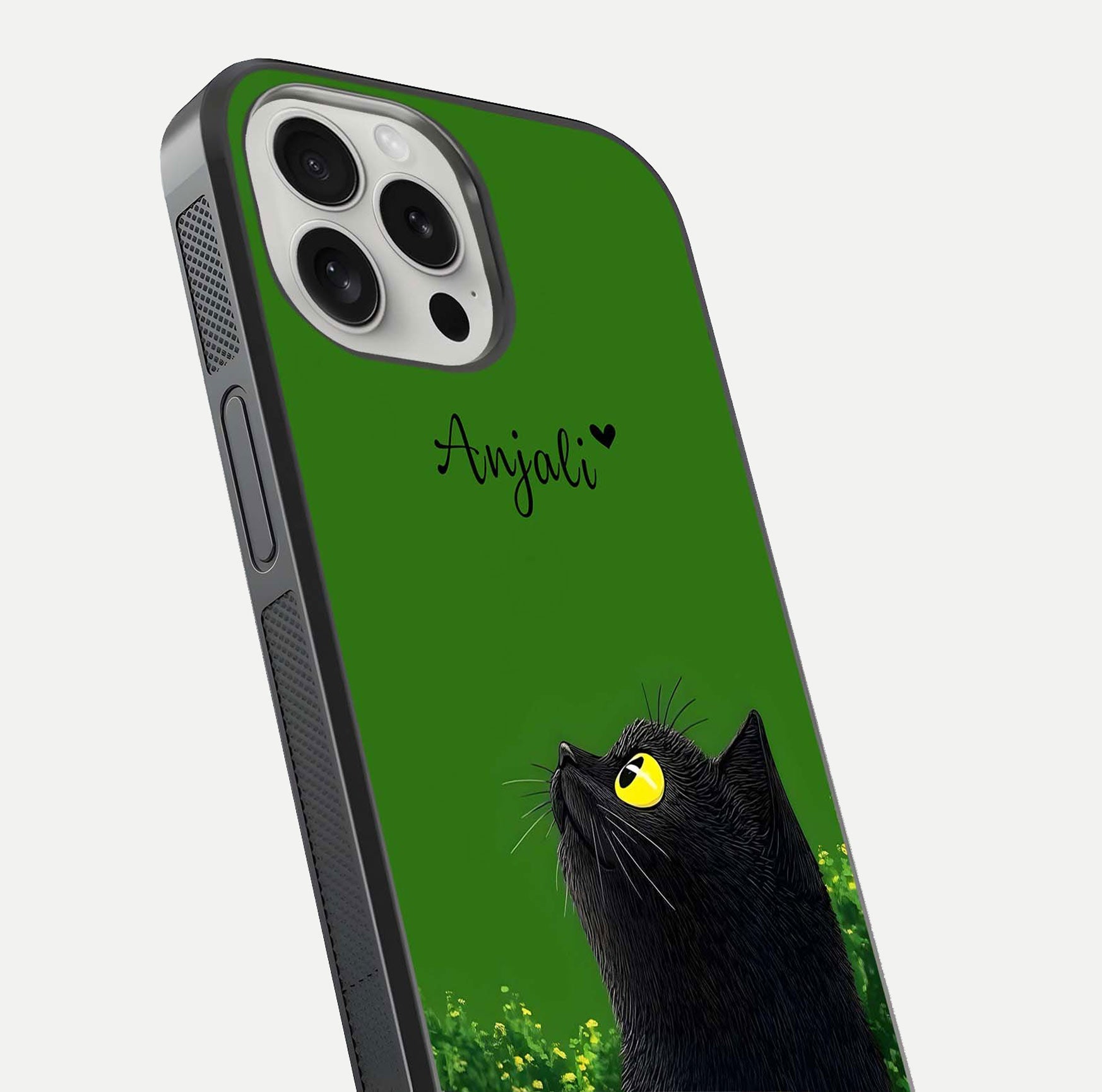 Emerald Cat Custom Name Glass Case for iPhone 16 Pro close-up highlighting feline detail, emerald hues, and reflection polish