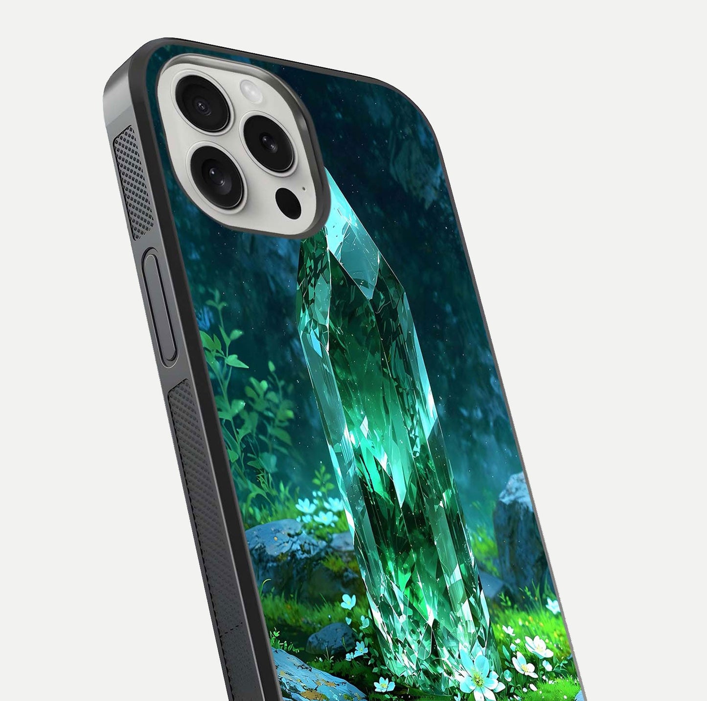 Emerald Light Crystal Glass Case for iPhone 16 Pro close-up highlighting crystal texture and reflection glow
