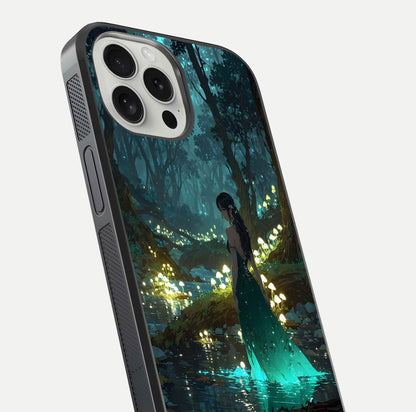 Enchanted Forest Glow Glass Case for iPhone 16 Pro close-up highlighting trees, lights, and reflection texture