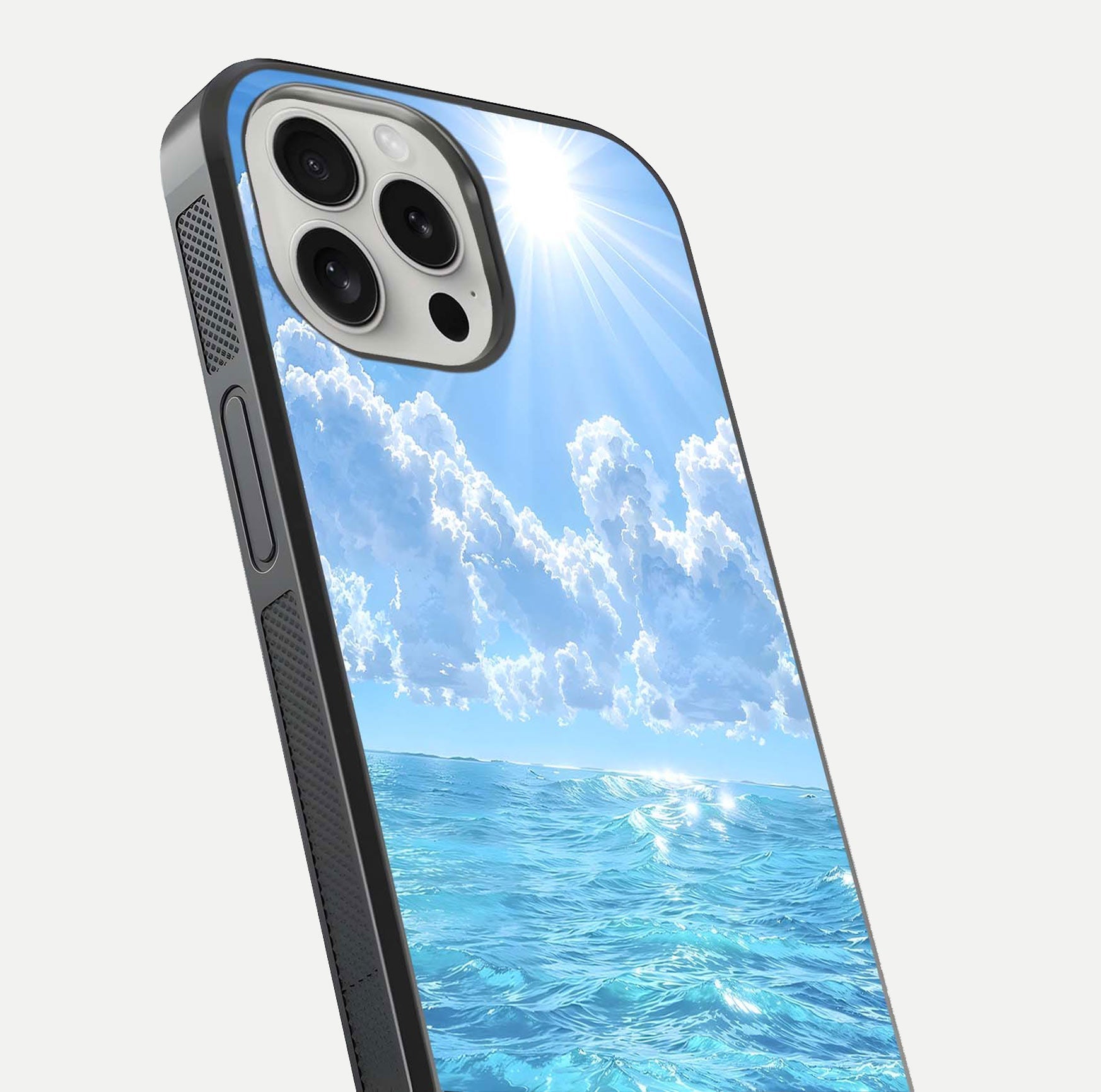 Endless Ocean Horizon Glass Case for iPhone 16 Pro close-up highlighting water texture and reflection shine