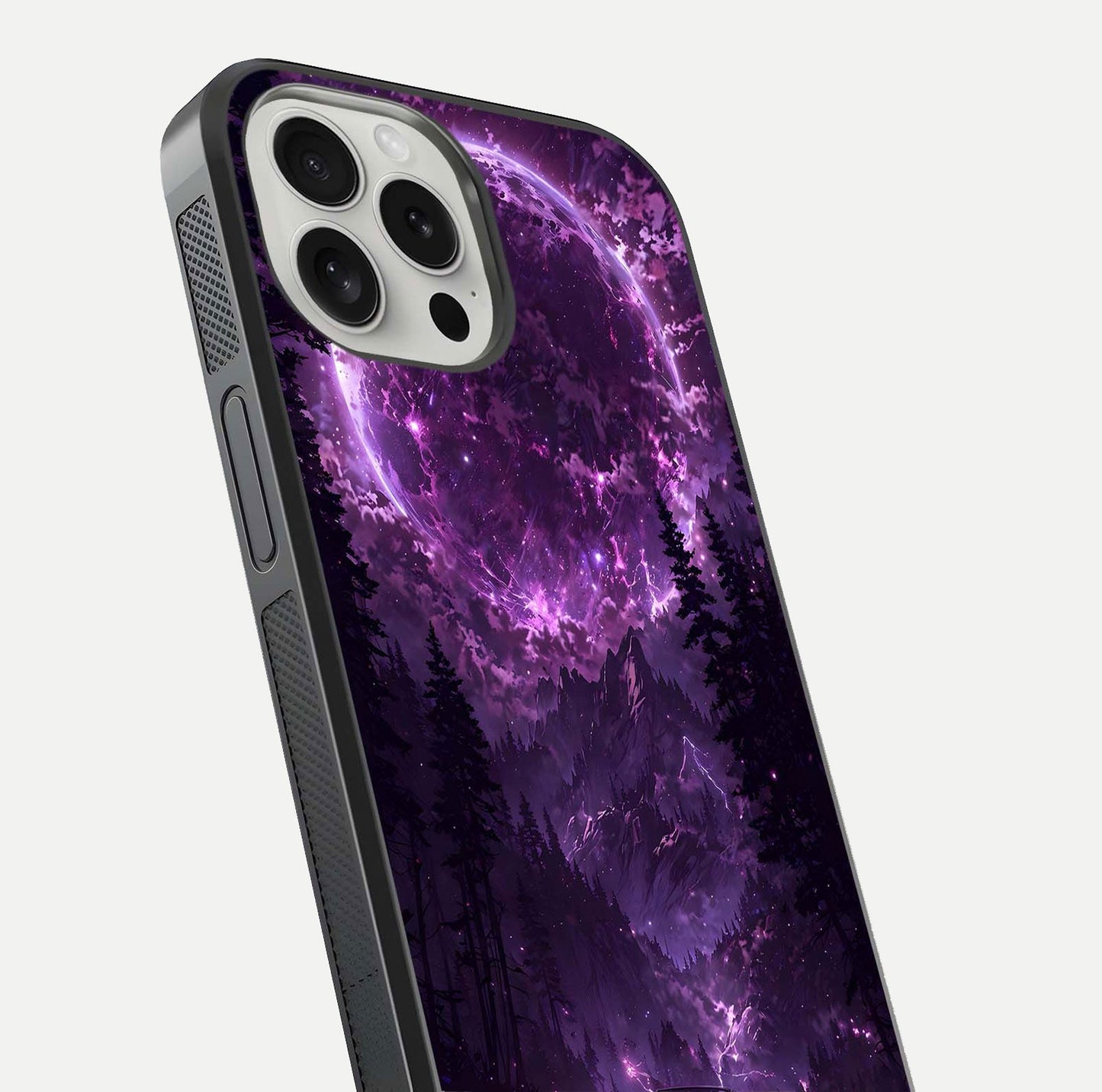 Eternal Cosmic Drive Glass Case for iPhone 16 Pro close-up highlighting cosmic lights and reflection depth