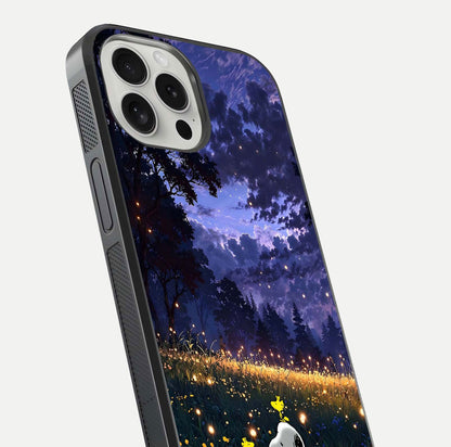 Firefly Meadow Magic Glass Case for iPhone 16 Pro close-up highlighting luminous firefly light and reflection detail