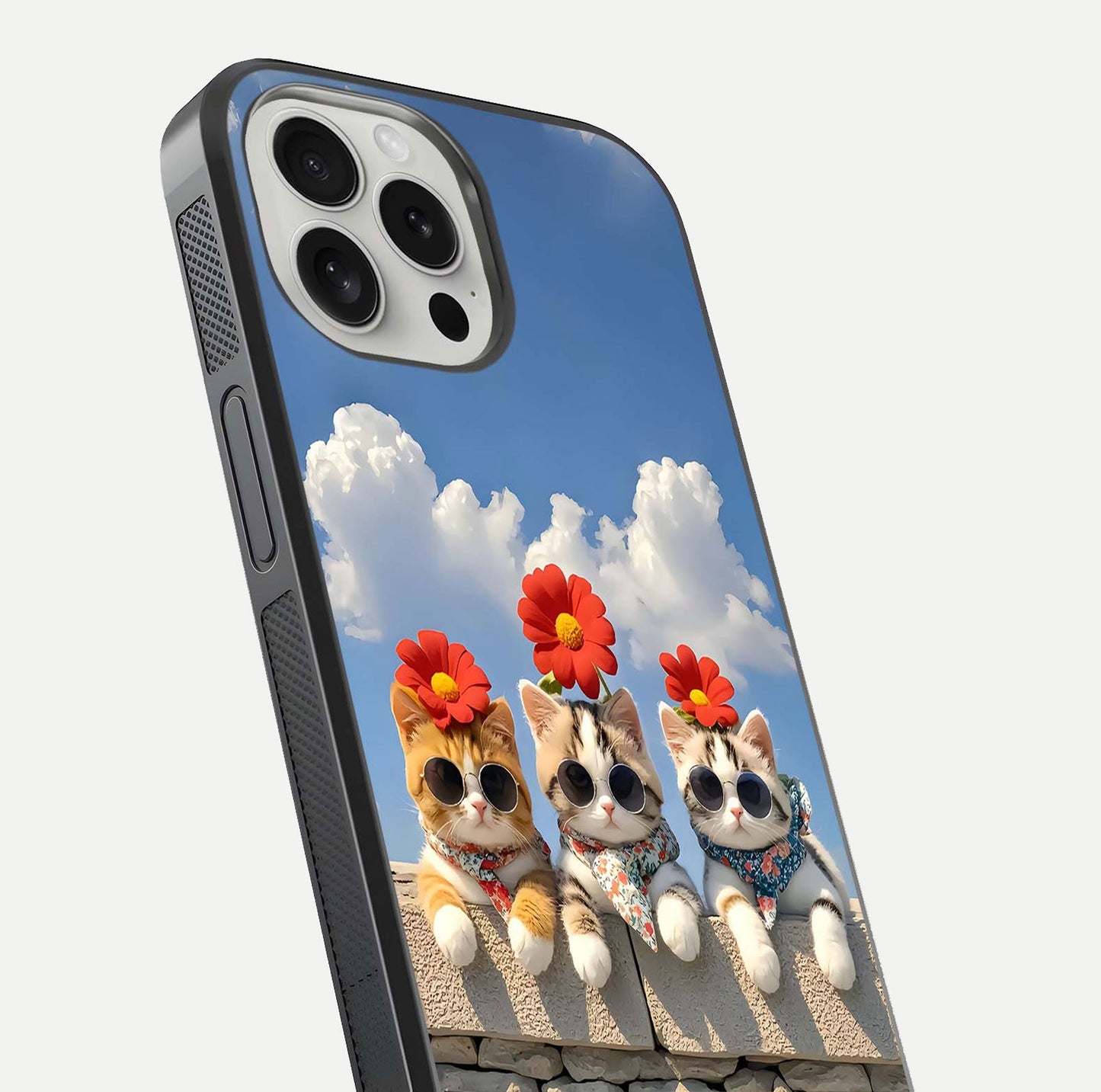 Floral Kitty Squad Glass Case for iPhone 16 Pro close-up highlighting cat detail and flower patterns with HD shine