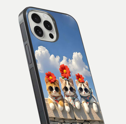 Floral Kitty Squad Glass Case for iPhone 16 Pro close-up highlighting cat detail and flower patterns with HD shine