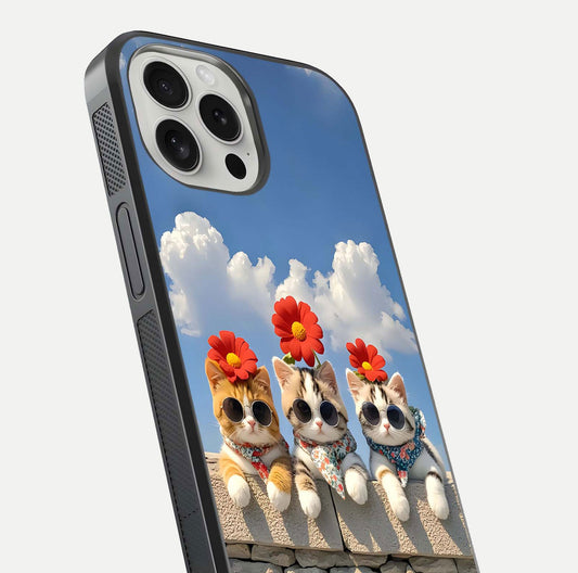Floral Kitty Squad Glass Case for iPhone 16 Pro close-up highlighting cat detail and flower patterns with HD shine