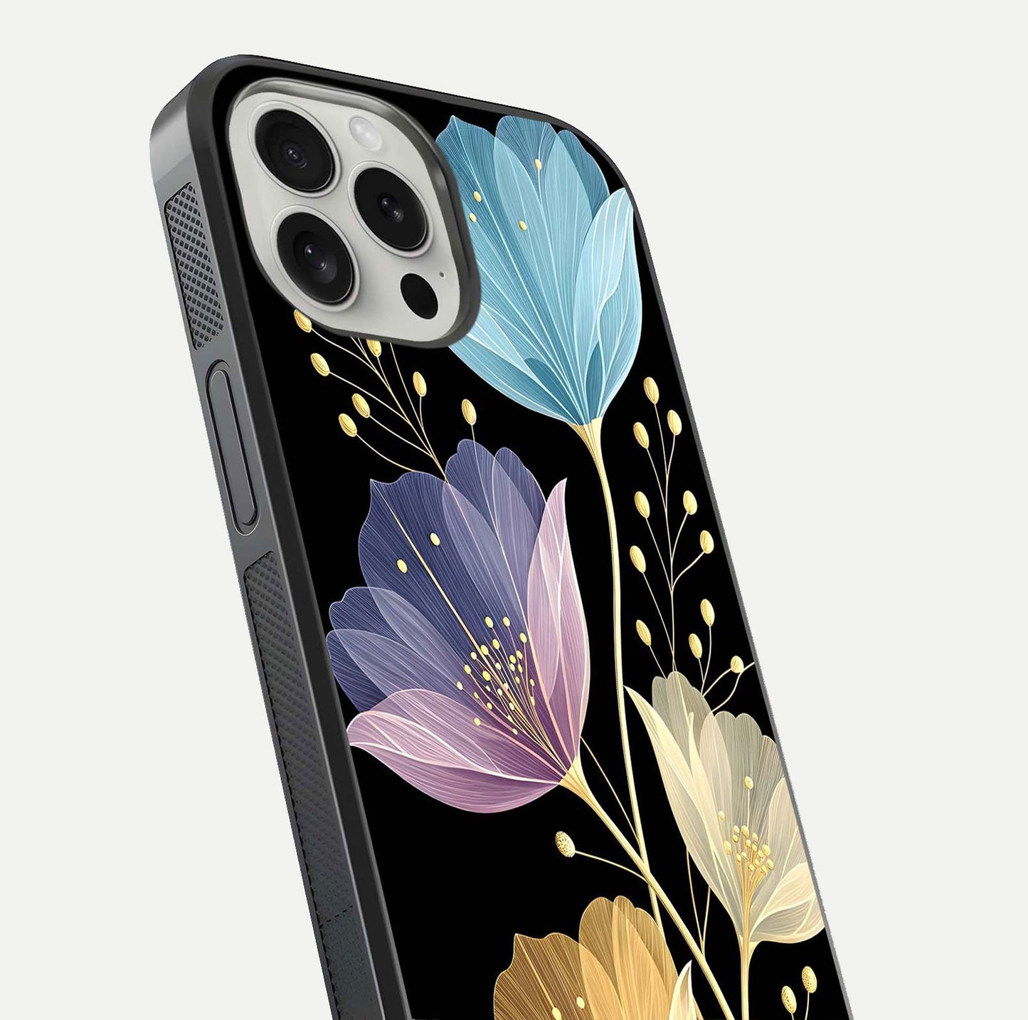 Flower Bloom Glow Glass Case for iPhone 16 Pro close-up highlighting bloom detail and reflection polish