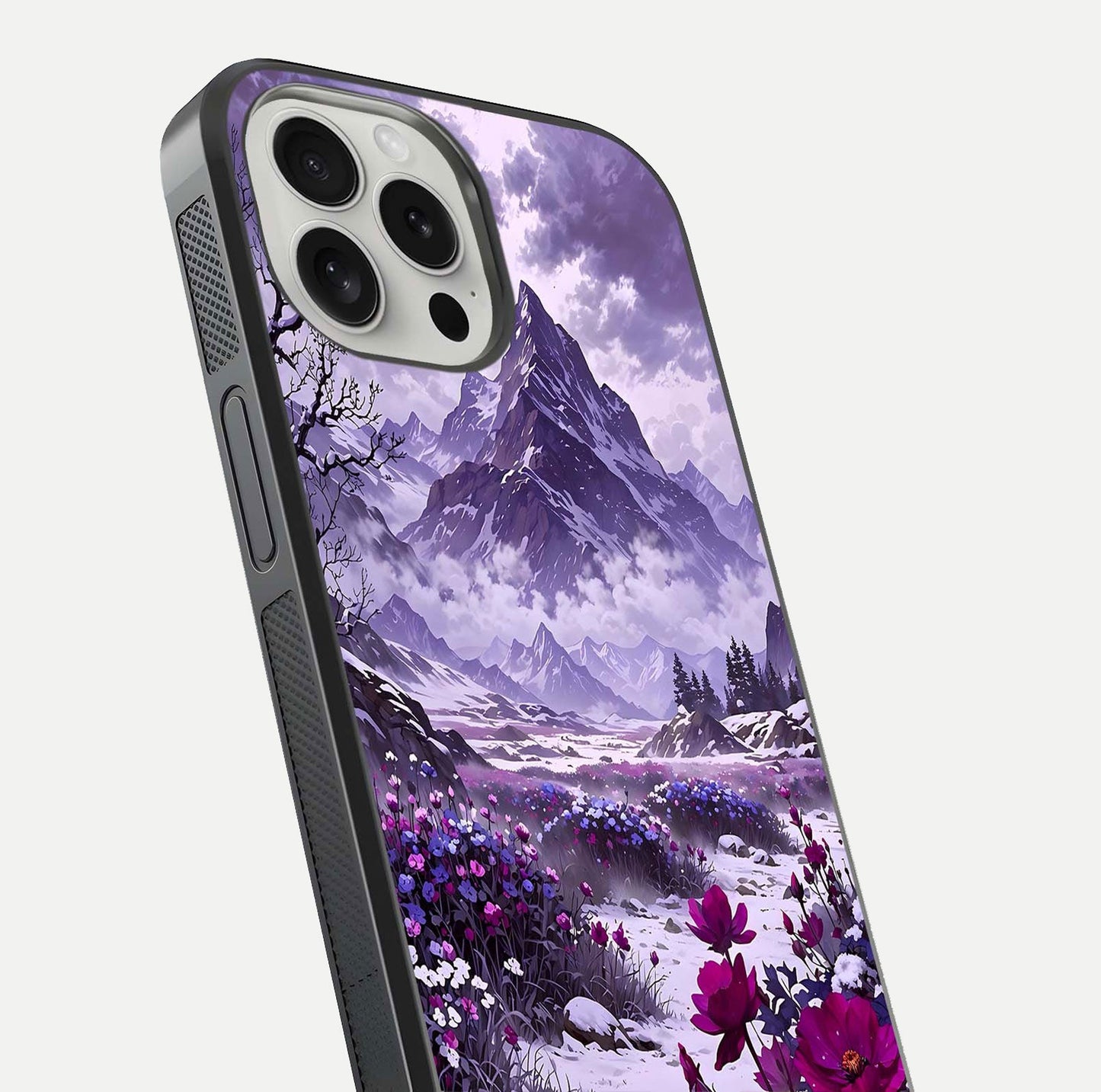 Flower Mountain View Glass Case for iPhone 16 Pro close-up highlighting petal details and sky reflection