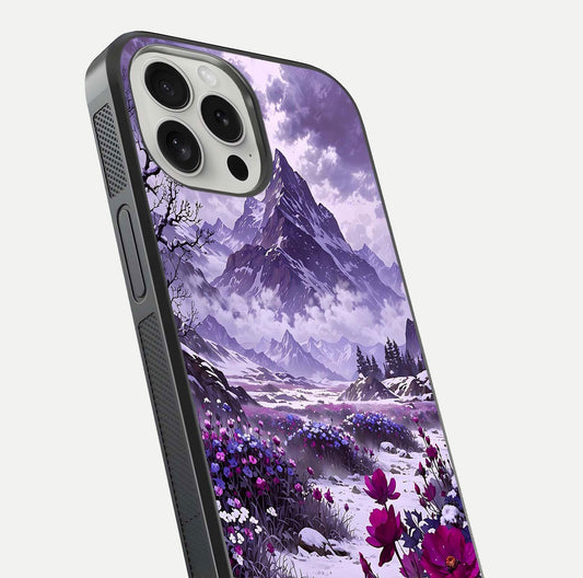 Flower Mountain View Glass Case for iPhone 16 Pro close-up highlighting petal details and sky reflection