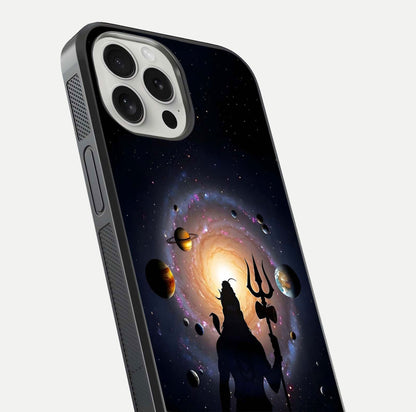 Galactic Shiva Vision Glass Case for iPhone 16 Pro close-up angled shot highlighting divine aura, trident details, and reflection shine