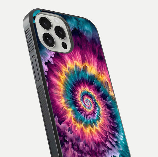 Galactic Spiral Burst Glass Case for iPhone 16 Pro close-up angled shot showing spiral burst detail, neon tones, and glossy reflection