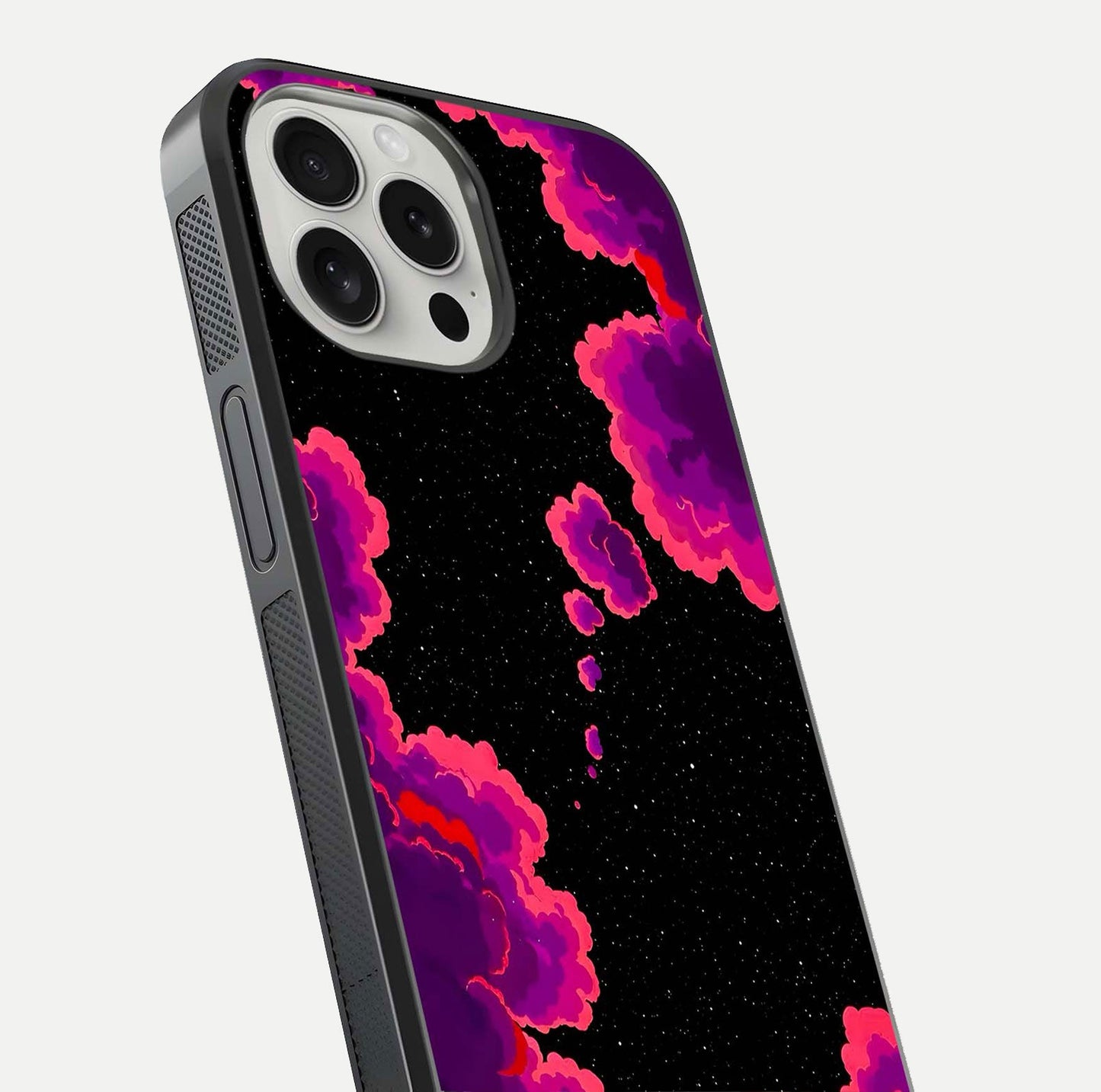 Galaxy Dream Frame Glass Case for iPhone 16 Pro close-up angled shot showing nebula patterns and reflection glow
