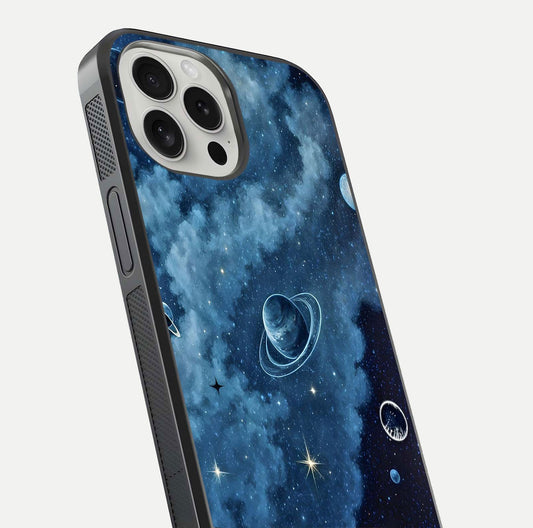 Galaxy Dream Space Glass Case for iPhone 16 Pro close-up angled shot highlighting nebula details and reflection shine